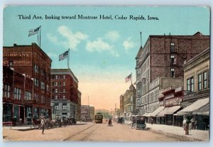 Cedar Rapids Iowa Postcard Third Ave Looking Toward Montrose Hotel 1914 Vintage