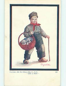 Pre-1907 signed BOY IN WOOD SHOES WITH BASKET OF PUPPY DOGS r1541