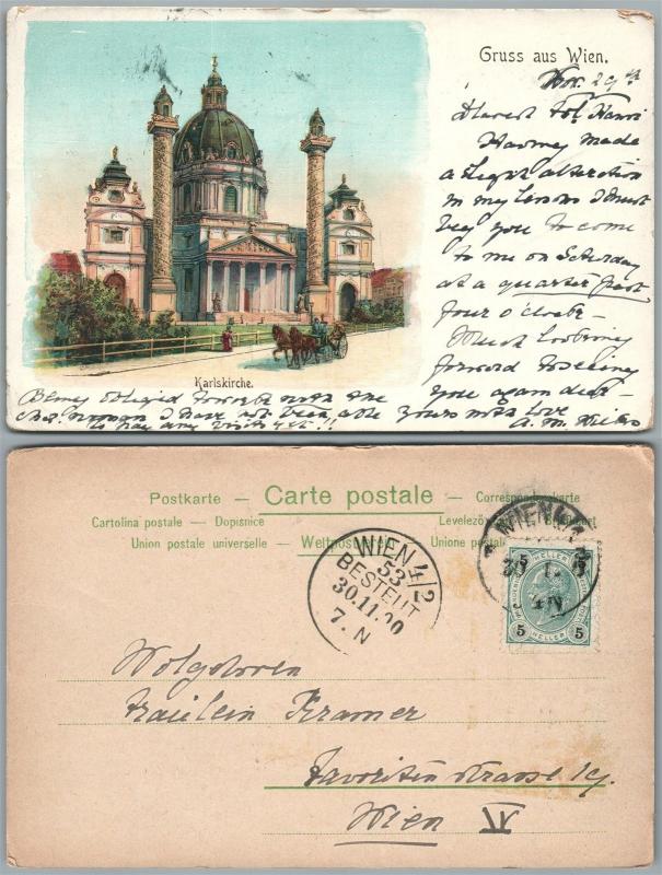 GRUSS AUS WIEN KARLSKIRCHE AUSTRIA 1900 ANTIQUE POSTCARD w/ STAMP 