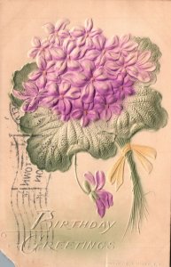 1908 Birthday Greetings Purple Flower Bouquet Embossed Letters Vintage Postcard