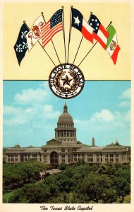 VINTAGE POSTCARD THE TEXAS STATE CAPITOL AT AUSTIN WITH VARIOUS HISTORIC FLAGS 