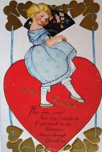Valentine Postcard Women With Asian Fan Gold And Red Heads Embossed Series V 207