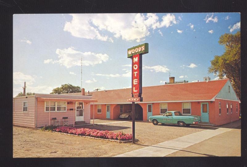 MONTE VISTA COLORADO THE WOODS MOTEL 1966 FORD RANCHERO OLD POSTCARD