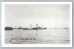 Philippines Postcard Sunken Ships Manila Bay c1930’s Unposted RPPC Photo