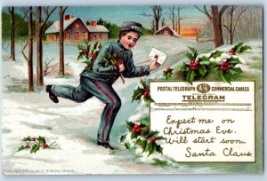 c1910's Christmas Telegram Mailman Holly Berries Embossed Antique Postcard