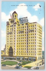 Linen~Hilton Hotel~Long Beach CA~US Flag~Big Yellow Bldg~Busy Front View~PM 1948