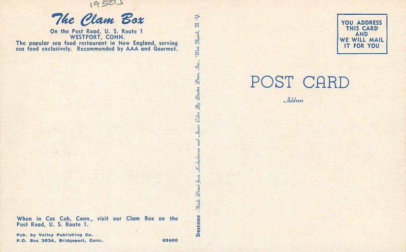 Postcard Connecticut Westport Clam Box 1950s Seafood Restaurant Dexter 23-1945