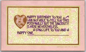 1910's Heartfelt Message Birthday Note Calligraphic Design Bordered Postcard