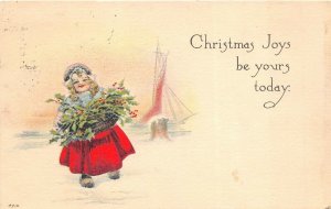 CHRISTMAS JOYS 1913 Postcard Dutch Girl With Basket of Holly