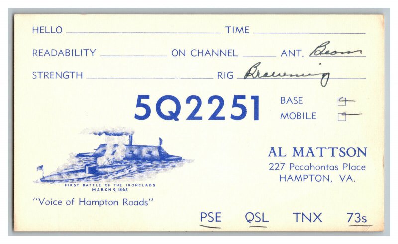 Postcard QSL Radio Card From Hampton VA. Virginia 5Q2251 