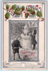 Christmas Postcard Children Build A Snowman With Berries Embossed Harvey IL