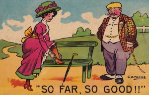 So Far So Good Park Bench Courting Comic Old Postcard