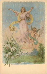 Fantasy Ethereal Woman Fairy with Little Boy Cupid Fairy Lilies c1910 PC