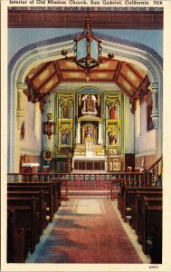 Old Mission Church Interior San Gabriel California Historic Linen Postcard 