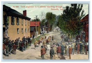 c1910 Small Amount of US Infantry Marching in Batesville Indiana IN Postcard