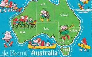 Australia Cycling Bicycle Surfing Sailing Map Comic Australian Postcard