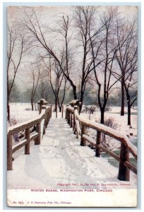 1911 Winter Scene Bridge Snow Washington Park Chicago Illinois Vintage Postcard