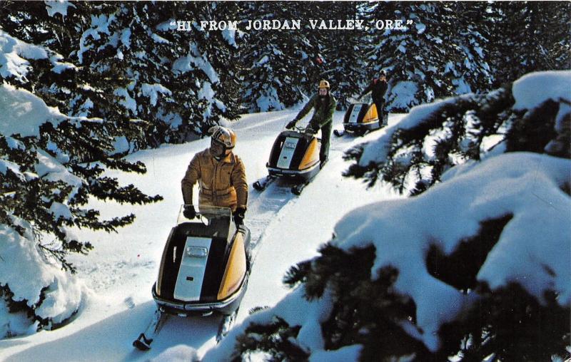 Jordan Valley Oregon~Snow Mobiling in Beautiful Evergreen Forest~c1960s Postcard