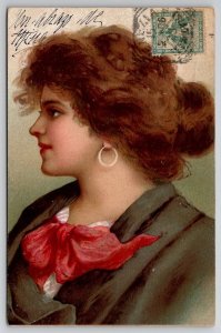 Glamour Girl Beautiful Woman Red Pretty Face Red Bow Side Profile Postcard D21