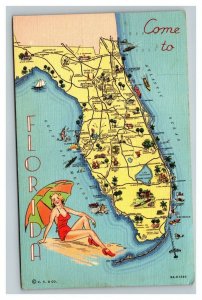Vintage 1940's Postcard Greetings From Florida - Giant Map Sailing Bikini Beach