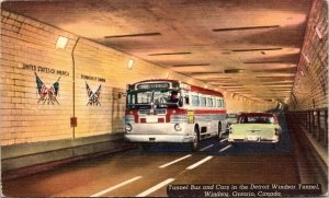 VINTAGE POSTCARD TUNNEL BUS AND CARS IN THE DETROIT WINDSOR TUNNEL 1950's