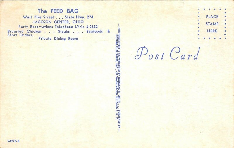 Jackson Center Ohio 1960s Postcard The Feed Bag Restaurant Chicken