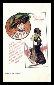 c1910 Easter Comedic Fancy Lady w/Hat Save for Old Man's Skypiece Postcard 5-34