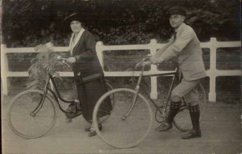 Bicycles - Mother & Son? c1920 Real Photo Postcard