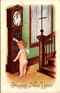 New Year Postcard Angel Cupid Baby New Year Changing a Grandfather Clock