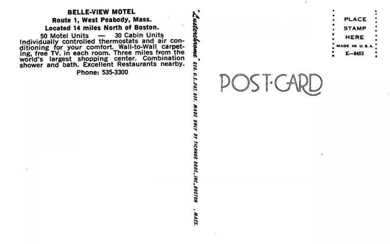 WEST PEABODY, MA Massachusetts  BELLE-VIEW MOTEL Multi w/Room ESSEX CO  Postcard