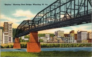 postcard Wheeling, West Virginia - Skyline showing Steel Bridge