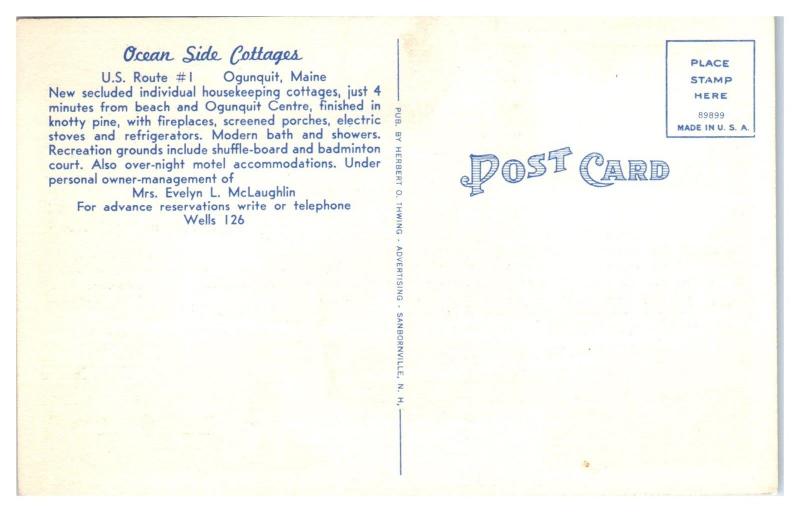 Mid-1900s Ocean Side Cottages Motel, Ogunquit, Maine Postcard
