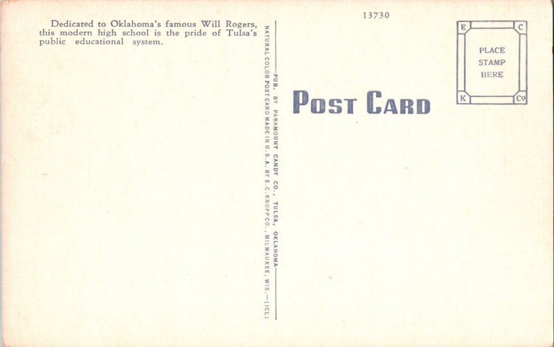 Vintage Postcard- Will Rogers High School- Tulsa, Oklahoma- KM6