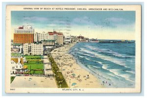 1937 General View of Beach at Hotels President Atlantic City NJ Postcard