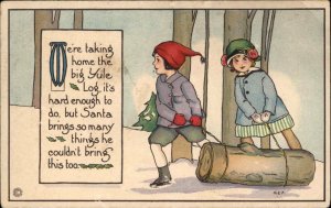 Christmas Children Pull Log Stecher MEP Margaret Evans Price c1900s-20s Postcard