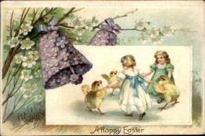 Easter Girls Dance with Chicks Flower Bells Embossed c1900-20s Vintage Postcard