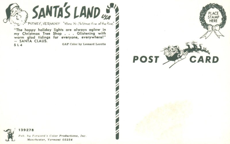 Santa's Land Happy Holiday Aglow Christmas Tree Shop Putney VT Vintage Postcard
