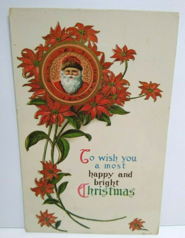 Santa Christmas Greeting Postcard Poinsettias Gel Coat Vintage Original Jmport