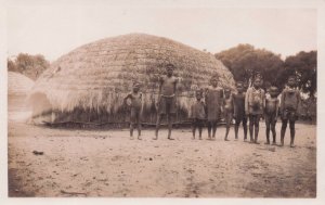 African Unidentified Family Straw Hay Round House Old Postcard