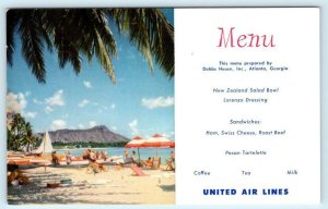 UNITED AIR LINES MENU Advertising WAIKIKI BEACH, Hawaii ~ Dobbs House Postcard