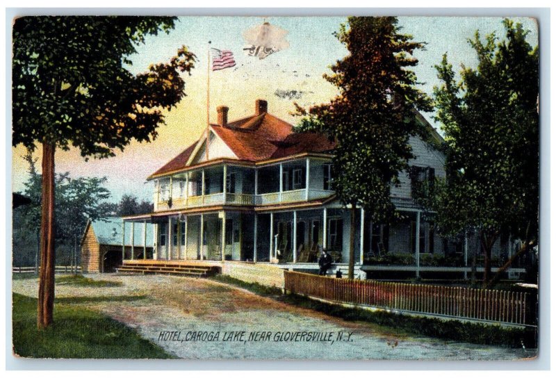 1909 US Flag Hotel Caroga Lake Near Gloversville New York NY Postcard