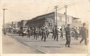 H78/ Interesting RPPC Postcard Band Instruments c1910 Trolley Parade 196