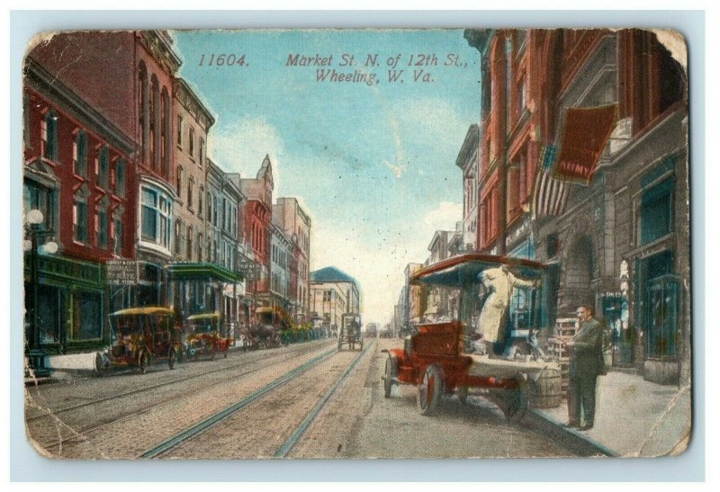 1907 Market St Downtown Army Signs Car Wheeling W. Virginia Vintage Postcard P78