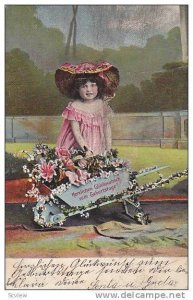 Girle wearing big hat with wheel barrel full of flowers, 'Herlichen Gluckwuns...