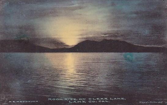 California Lake County Moon Rise On Clear Lake Handcolored Albertype