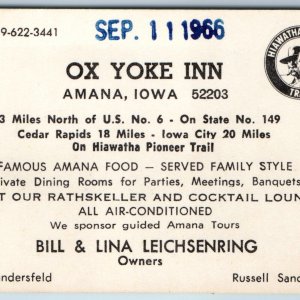1966 Amana Iowa Ox Yoke Inn Advertising Business Card Hiawatha Pioneer Trail C51
