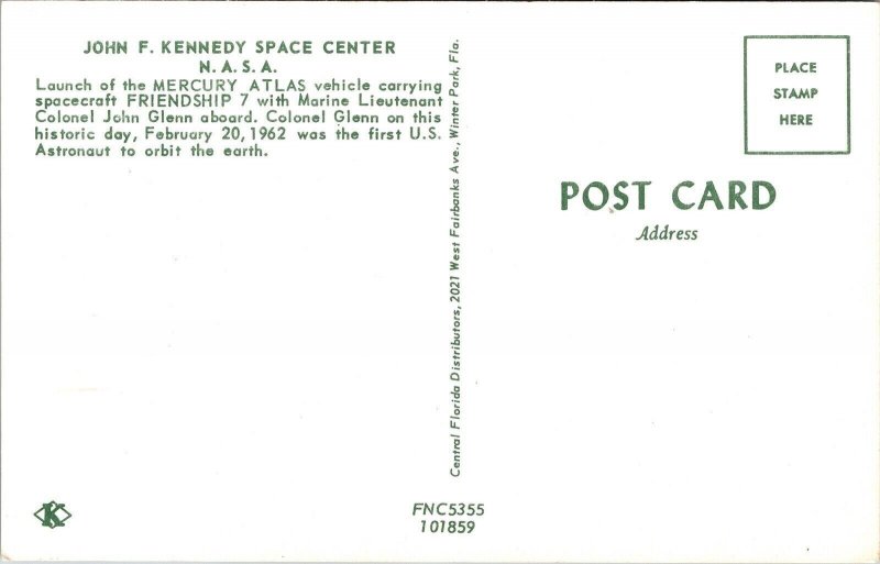 John F Kennedy Space Center NASA Mercury Atlas Friendship 7 Colonel Postcard 