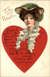 Valentine's Day Art Nouveau Beautiful Woman Wearing Ruff c1910 Postcard