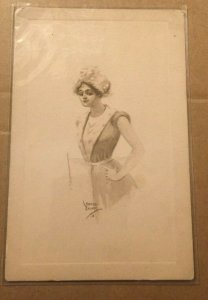 VINTAGE POSTCARD  - UNUSED - DRAWING OF A WOMAN - CAN'T READ THE ARTIST NAME