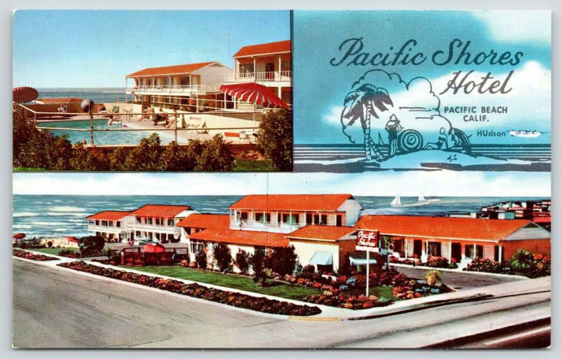 Pacific Beach CA~Pacific Shores Hotel~Front & Back~Artist Drawn Island~1960s PC 